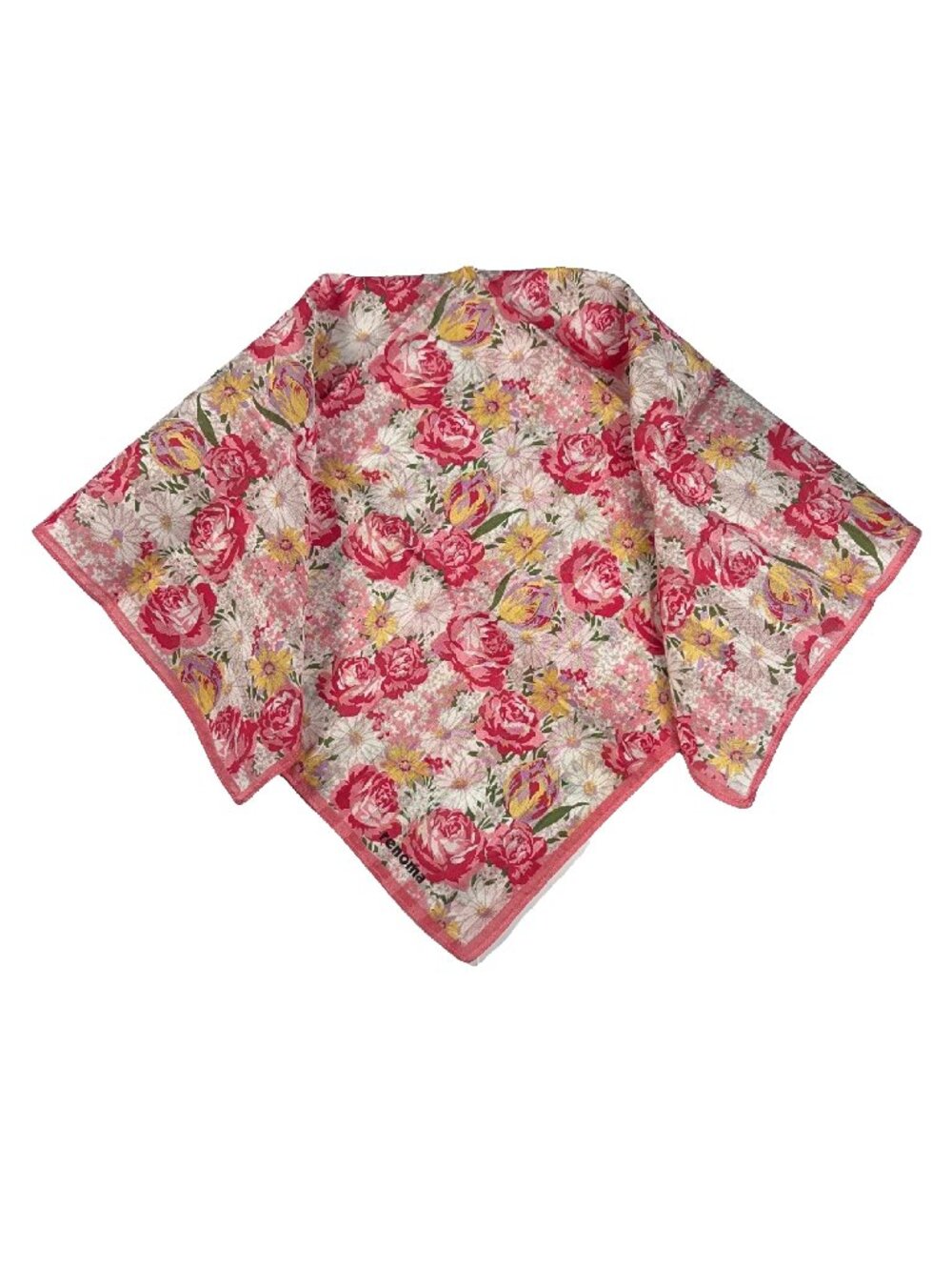 Renoma Floral Cotton Scarf – Pink Roses & Daisies – 19.5" x 19"